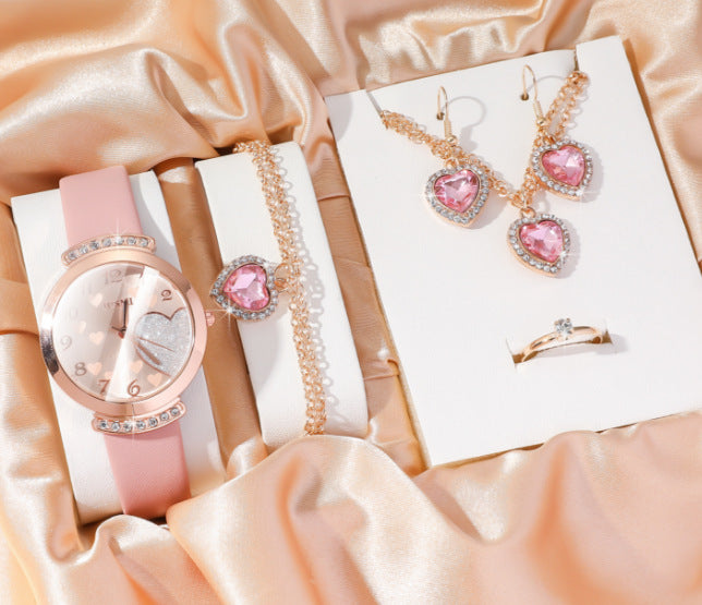 Women's Watch Necklace Bracelet Ring Stud Earrings Gift Box