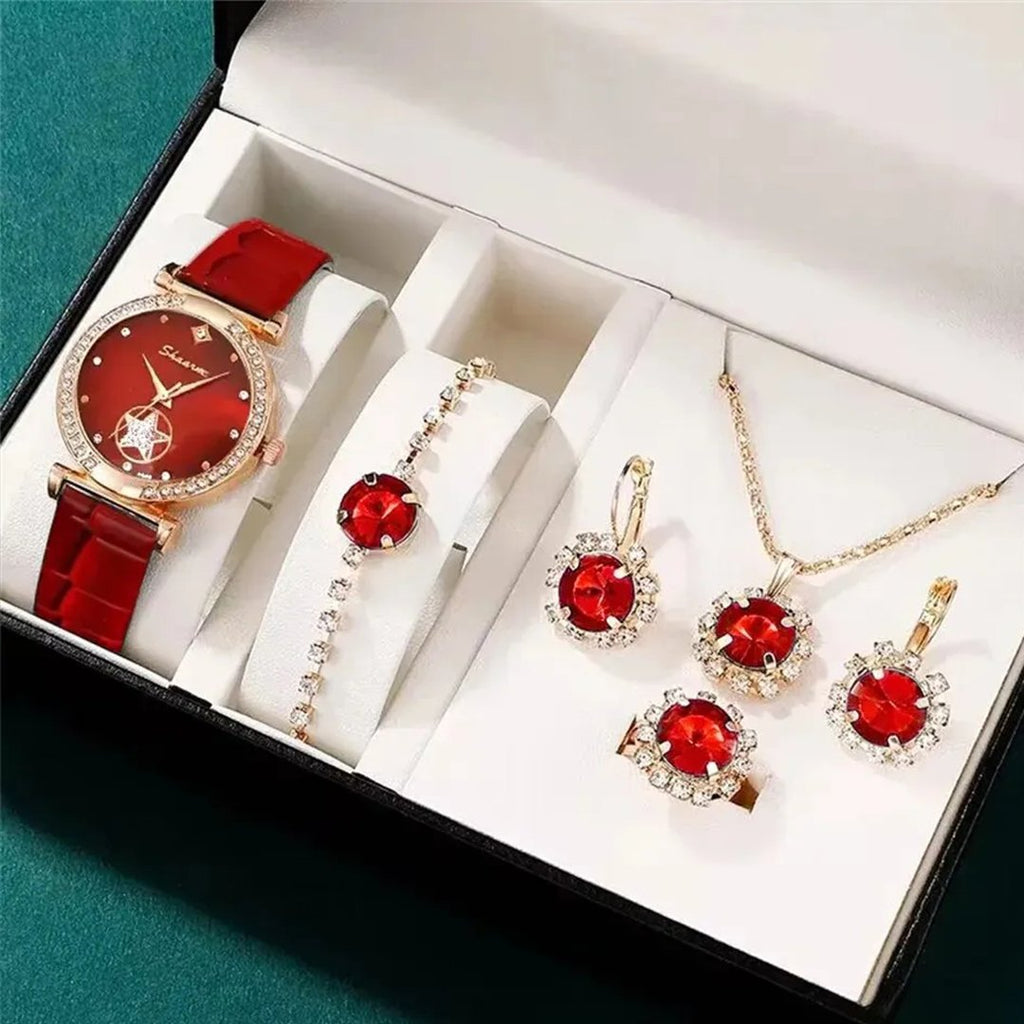 Women's Watch Necklace Bracelet Ring Stud Earrings Gift Box