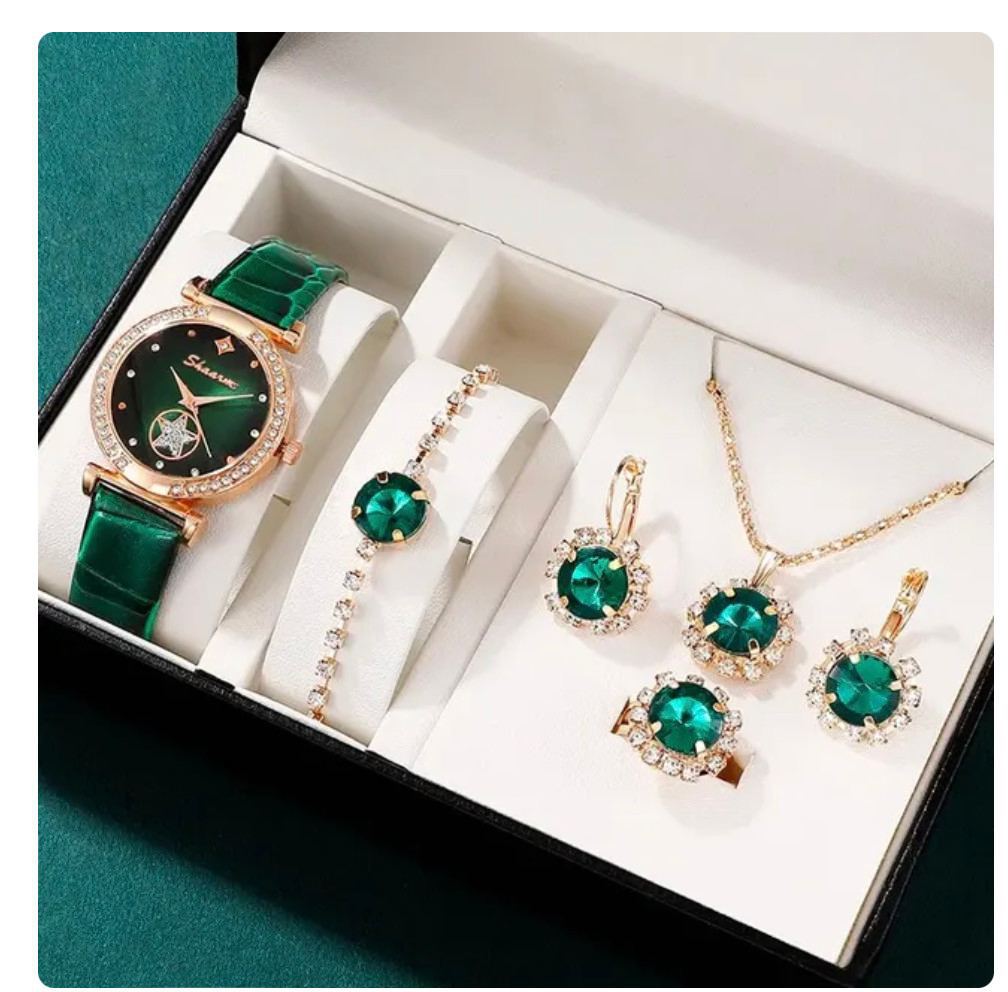 Women's Watch Necklace Bracelet Ring Stud Earrings Gift Box
