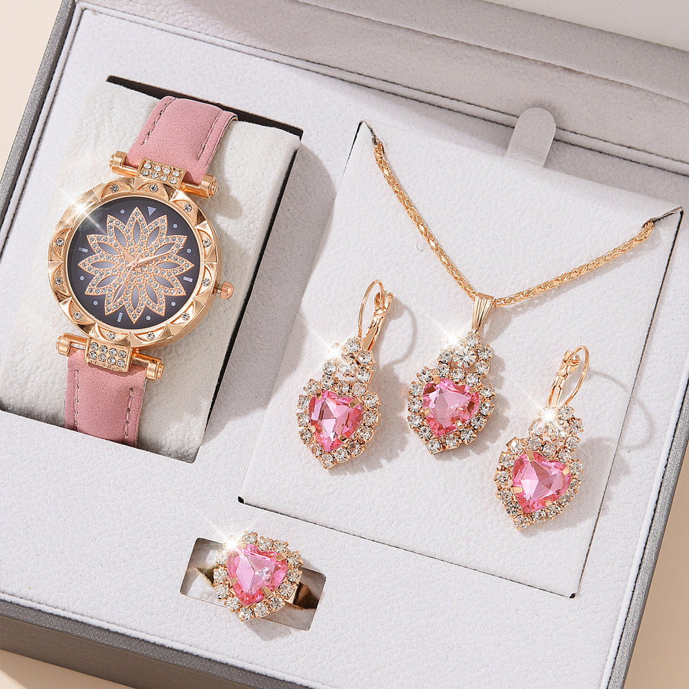 Women's Watch Necklace Bracelet Ring Stud Earrings Gift Box