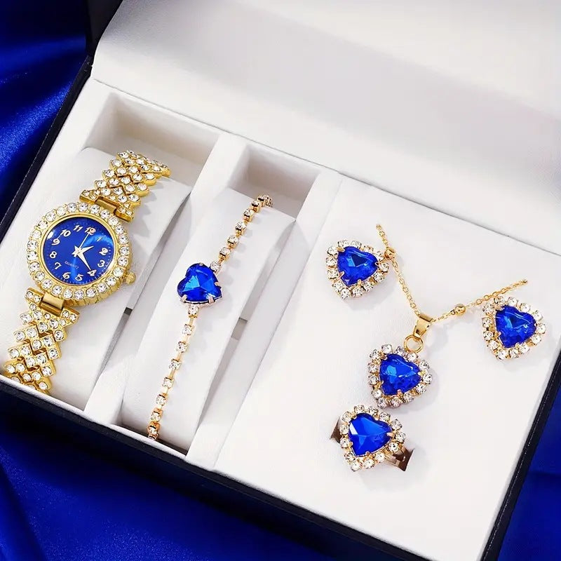Women's Watch Necklace Bracelet Ring Stud Earrings Gift Box