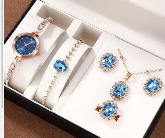 Women's Watch Necklace Bracelet Ring Stud Earrings Gift Box