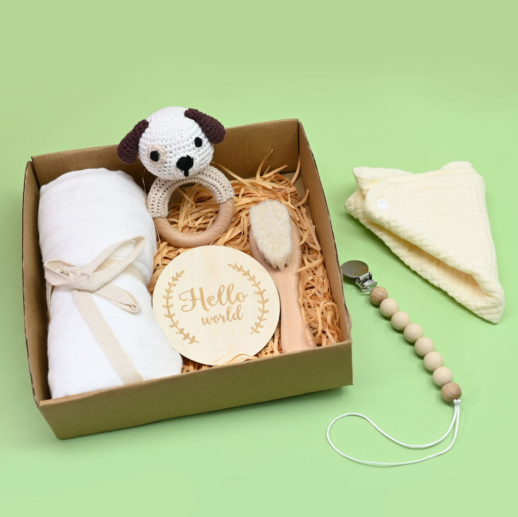 Baby Crochet Wooden Rattle Birth Gift Box