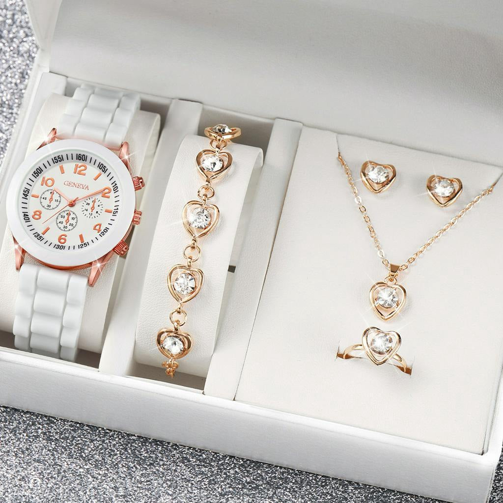 Women's Watch Necklace Bracelet Ring Stud Earrings Gift Box