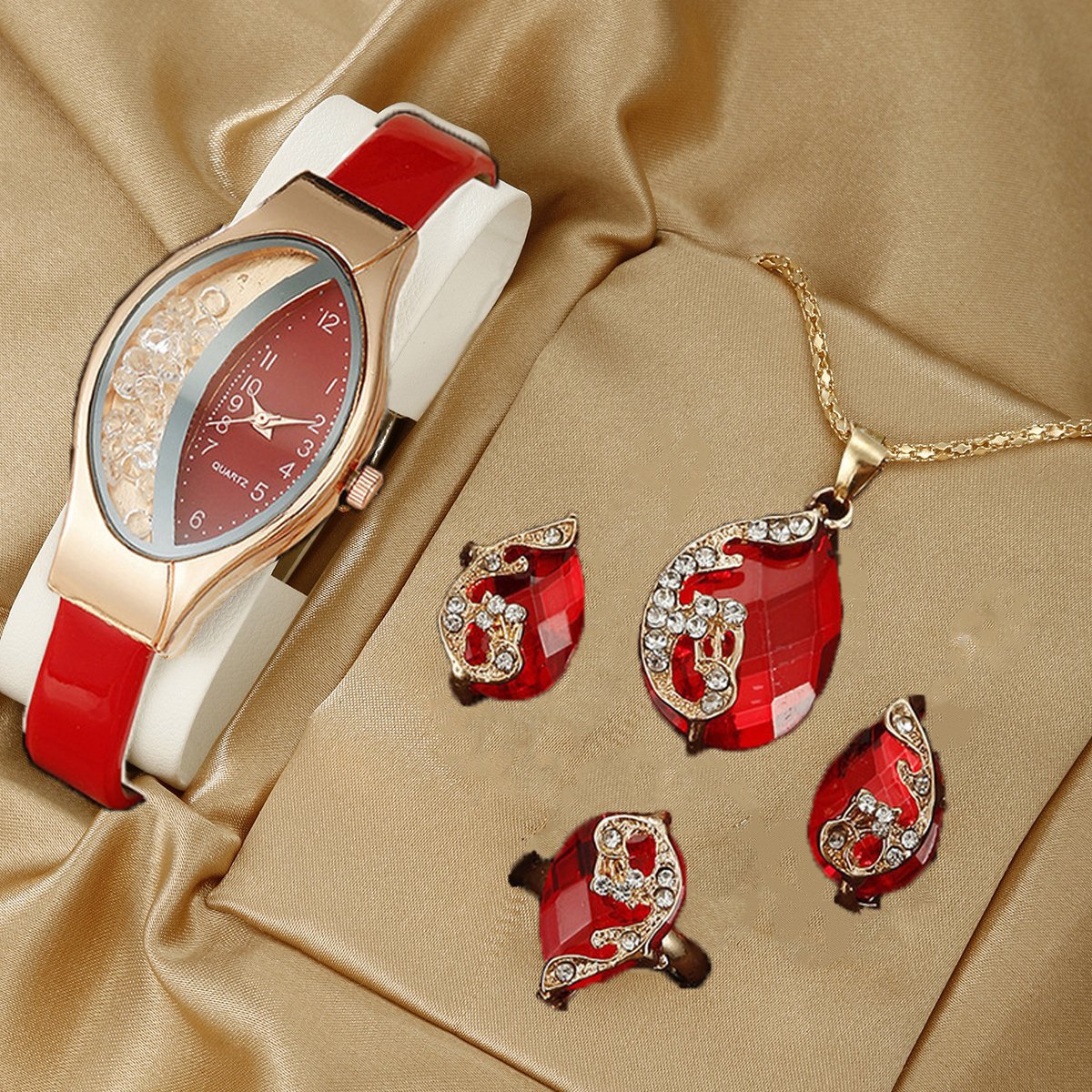 Women's Watch Necklace Bracelet Ring Stud Earrings Gift Box