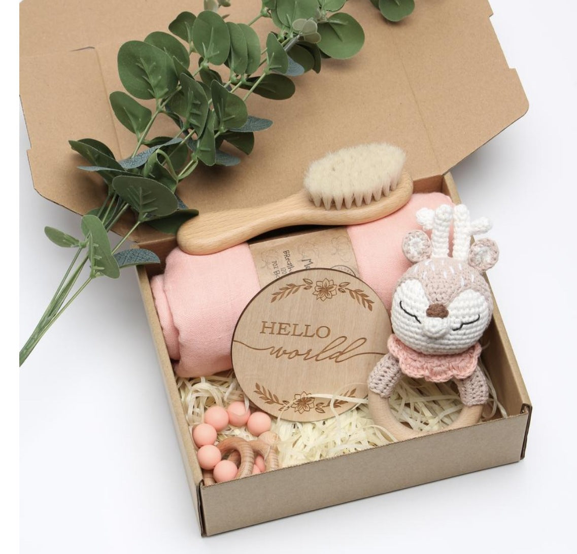 Baby Crochet Wooden Rattle Birth Gift Box