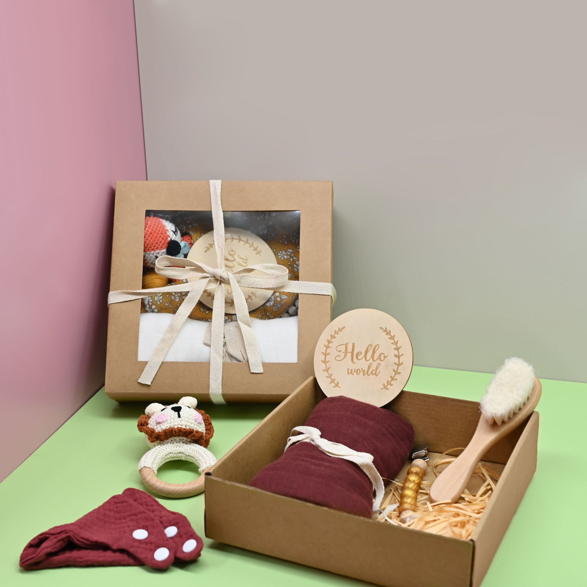 Baby Crochet Wooden Rattle Birth Gift Box
