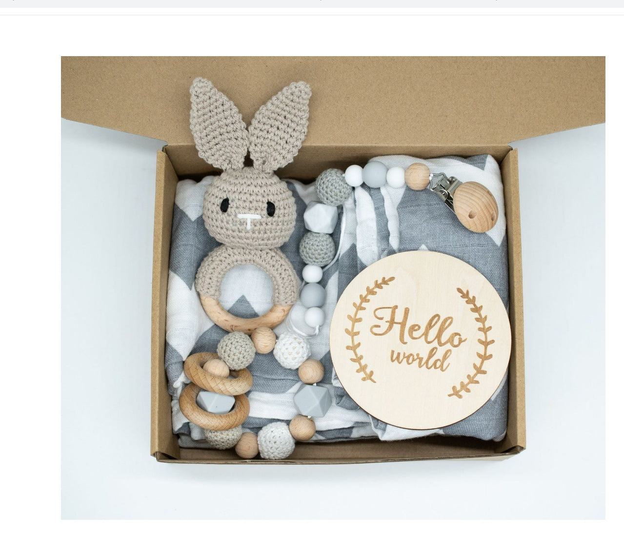 Baby Crochet Wooden Rattle Birth Gift Box