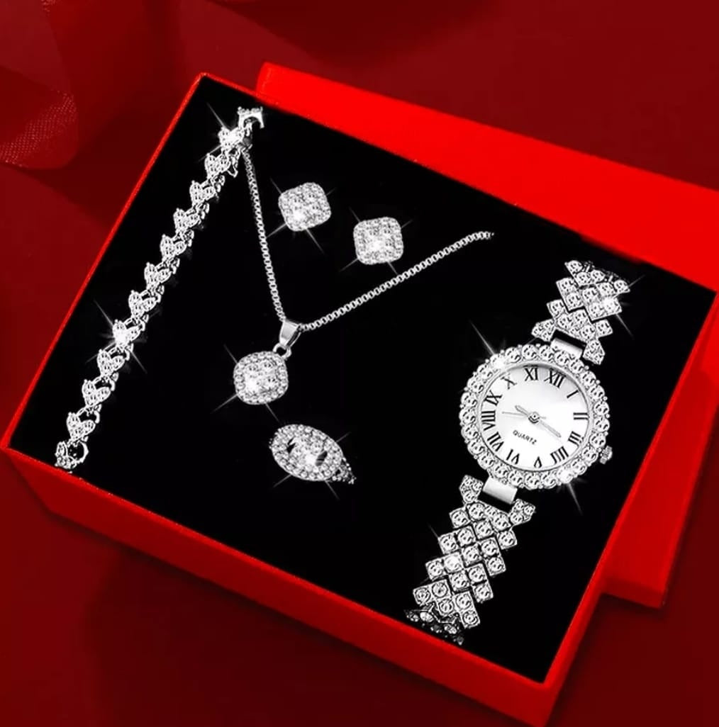 Women's Watch Necklace Bracelet Ring Stud Earrings Gift Box