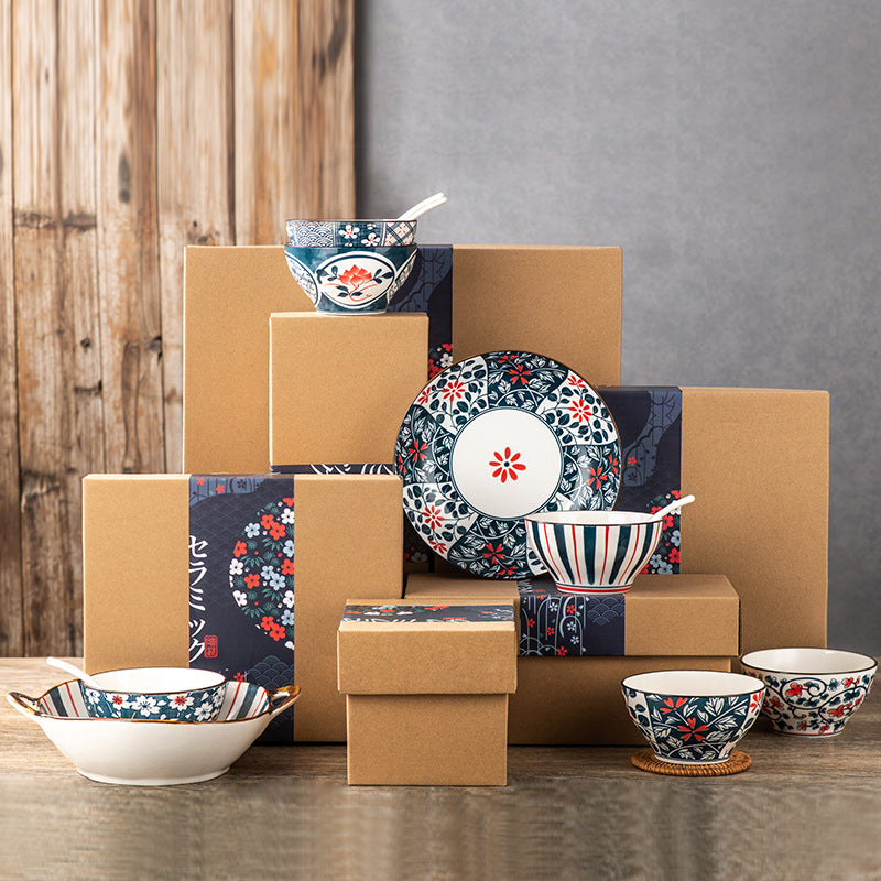 Japanese-style Cowhide Ceramic Bowl Dish & Plate Gift Box