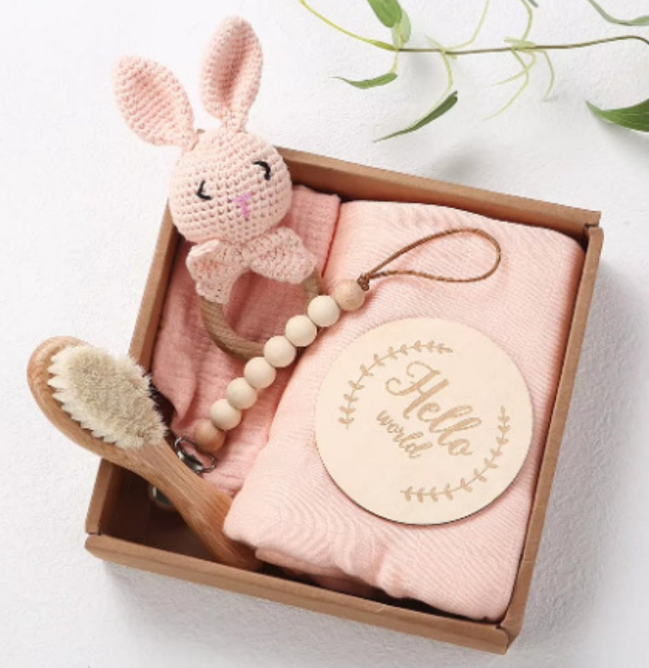 Baby Crochet Wooden Rattle Birth Gift Box