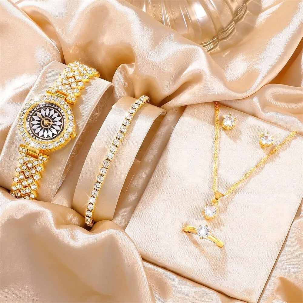 Women's Watch Necklace Bracelet Ring Stud Earrings Gift Box
