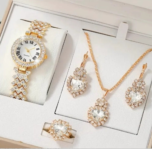 Women's Watch Necklace Bracelet Ring Stud Earrings Gift Box
