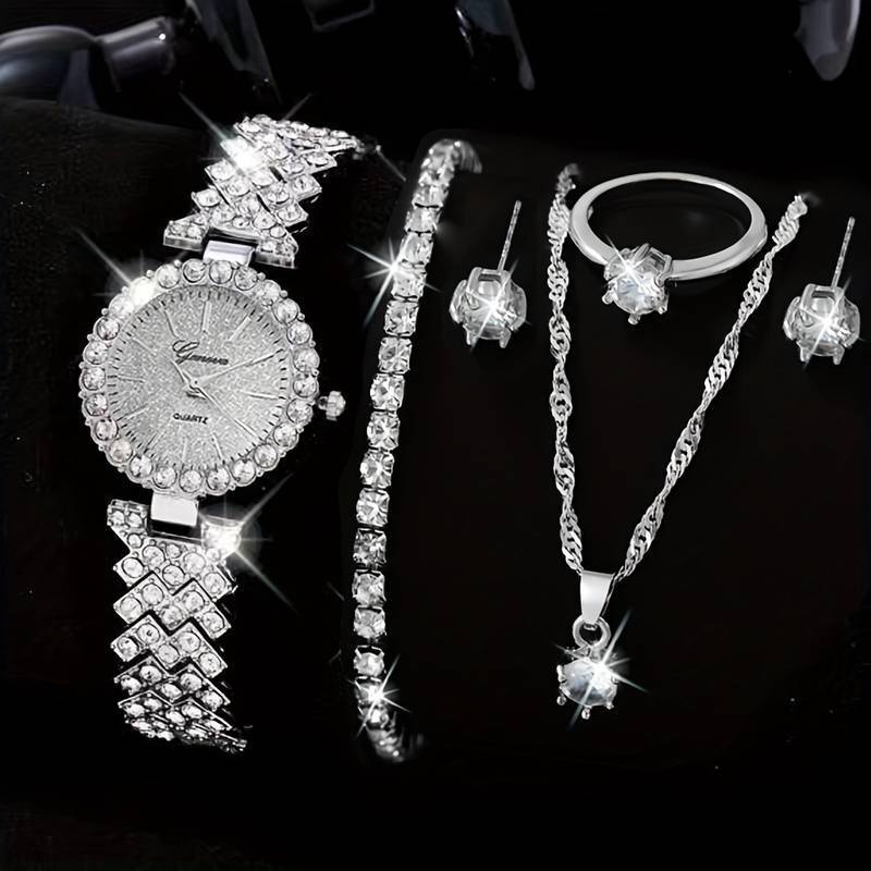 Women's Watch Necklace Bracelet Ring Stud Earrings Gift Box