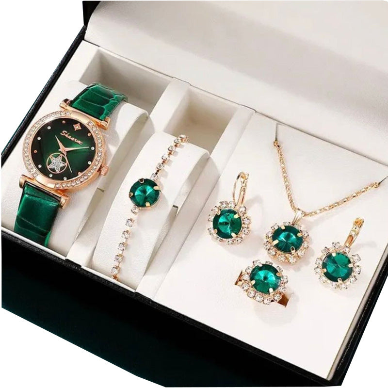 Women's Watch Necklace Bracelet Ring Stud Earrings Gift Box