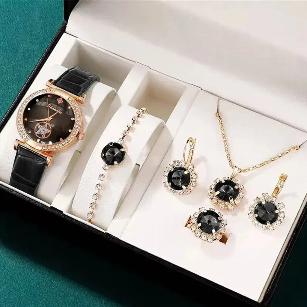 Women's Watch Necklace Bracelet Ring Stud Earrings Gift Box