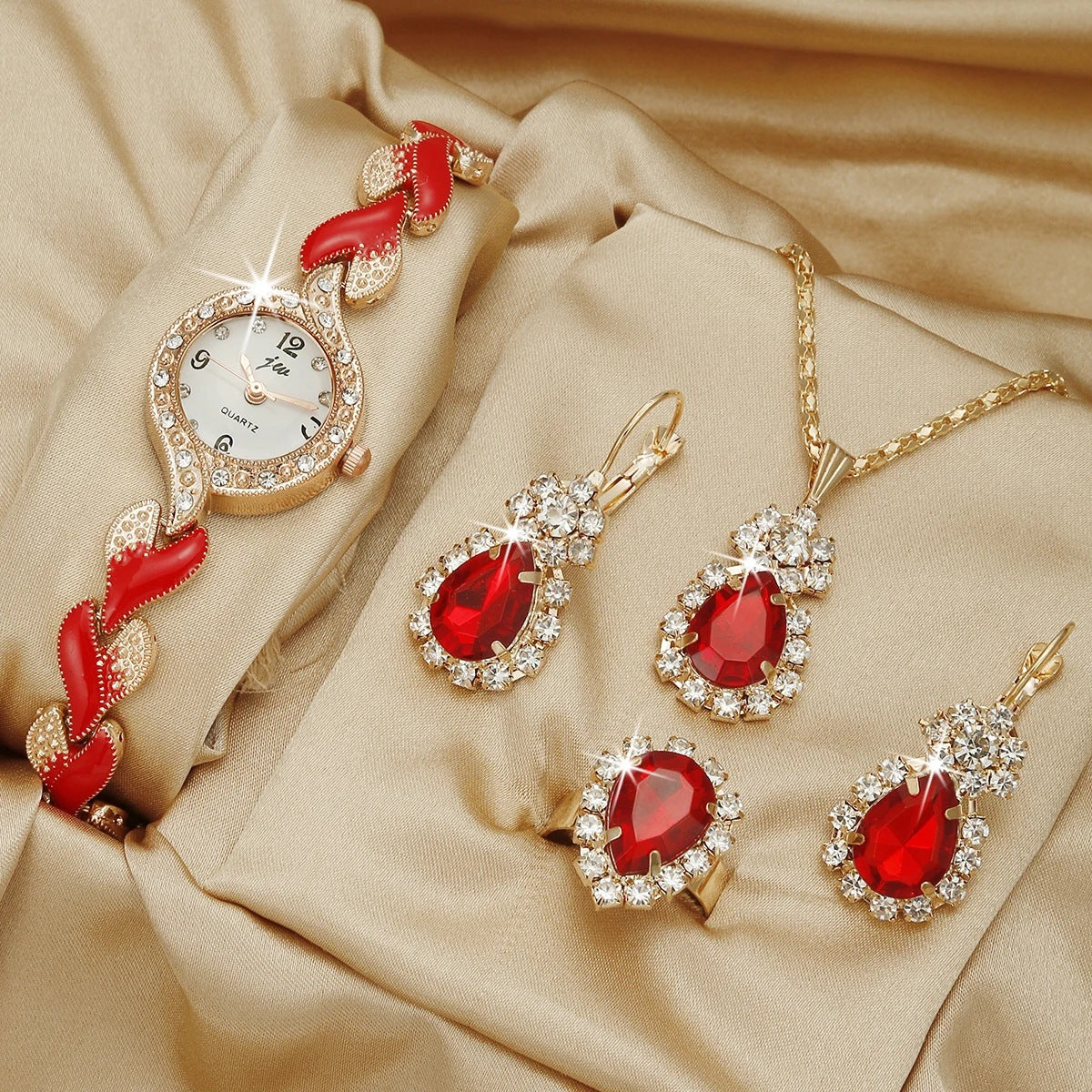 Women's Watch Necklace Bracelet Ring Stud Earrings Gift Box